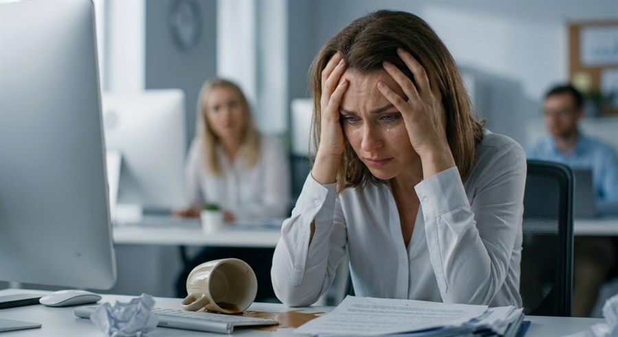 Mulher sentada à mesa de trabalho, com as mãos na cabeça e o olhar abatido